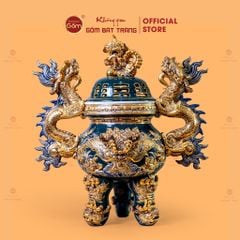 Đỉnh Hương Thờ Men Xanh Lục Vẽ Vàng Họa Tiết Thanh Long