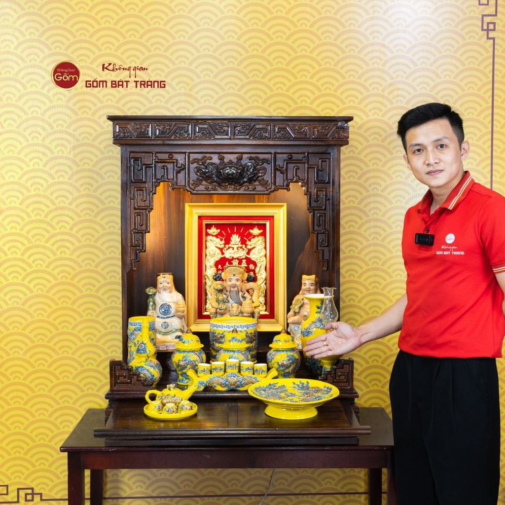 [Set Hào Gia] Bộ Đồ Thờ Thần Tài Thổ Địa Men Vàng (14 món)