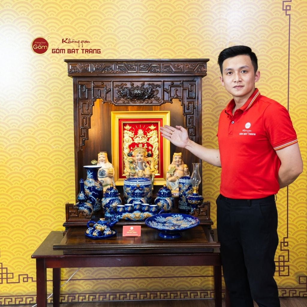 [Set Hào Gia] Bộ Đồ Thờ Thần Tài Thổ Địa Men Xanh Coban (14 món)