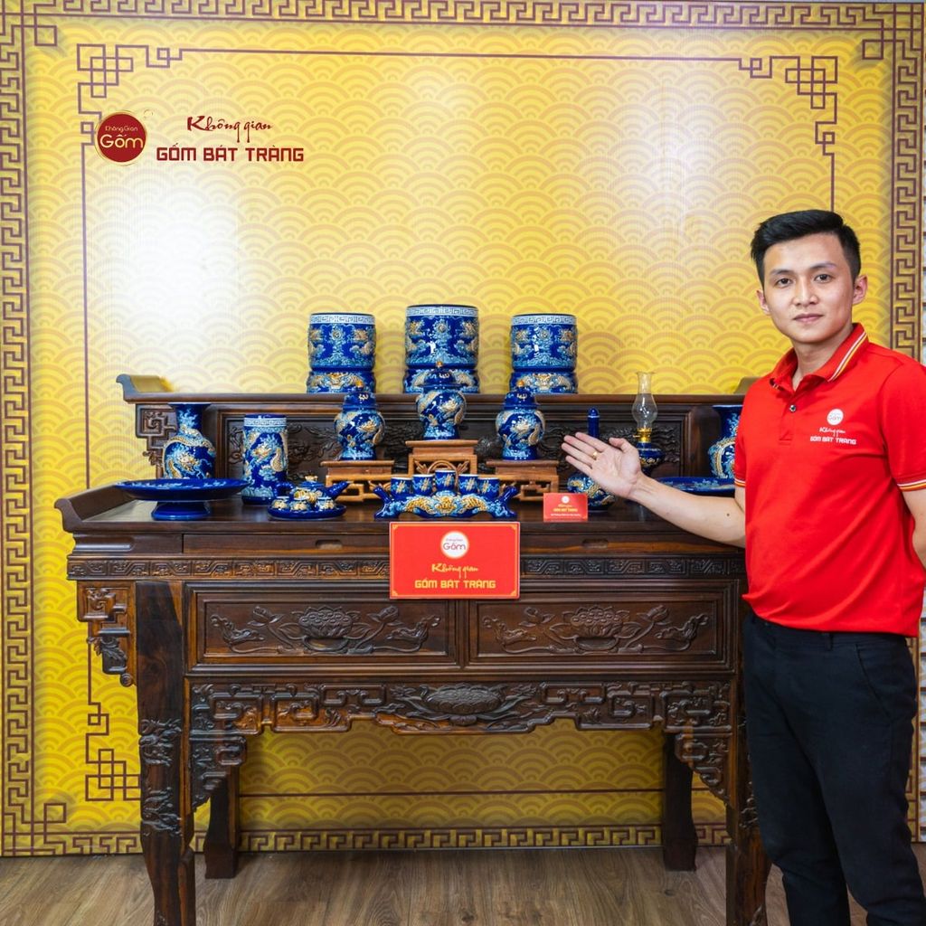 [Set Cơ Bản] Bộ Đồ Thờ Gia Tiên Men Xanh Coban (15 món)