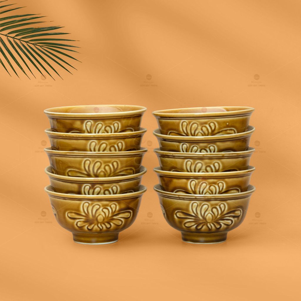 Bộ Bát Cơm Men Nâu Vân Hoa Cúc