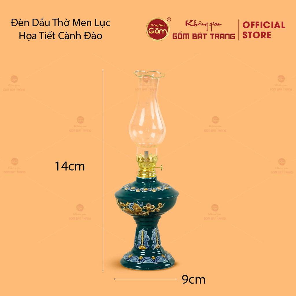 Đèn Dầu Thờ Men Lục Họa Tiết Cành Đào