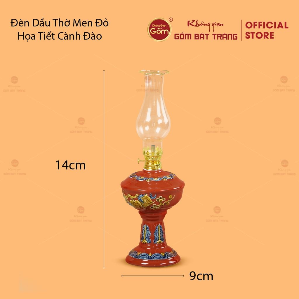 Đèn Dầu Thờ Men Đỏ Họa Tiết Cành Đào