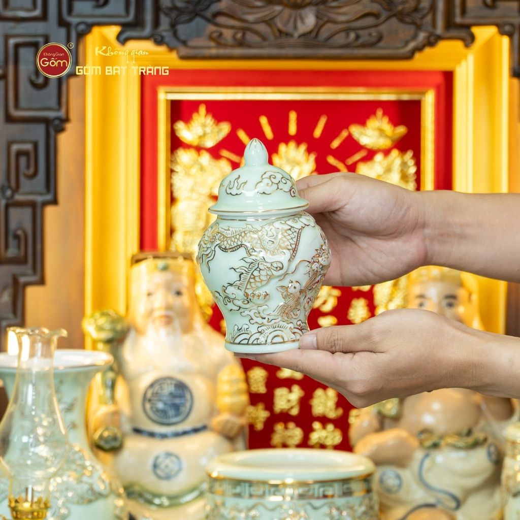 [Set Cao Cấp] Bộ Đồ Thờ Thần Tài Thổ Địa Men Hoàng Tộc Vẽ Vàng (11 món)