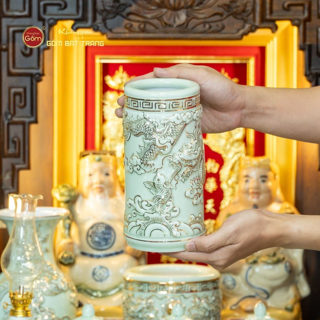 [Set Cao Cấp] Bộ Đồ Thờ Thần Tài Thổ Địa Men Hoàng Tộc Vẽ Vàng (11 món)