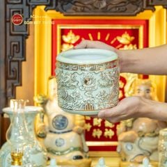 Bát Hương Men Ngọc Hoàng Tộc Vẽ Vàng Song Long Chầu Nguyệt