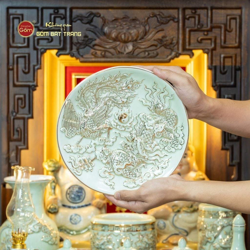 Mâm Bồng Men Ngọc Hoàng Tộc Vẽ Vàng Long Phụng Trình Tường