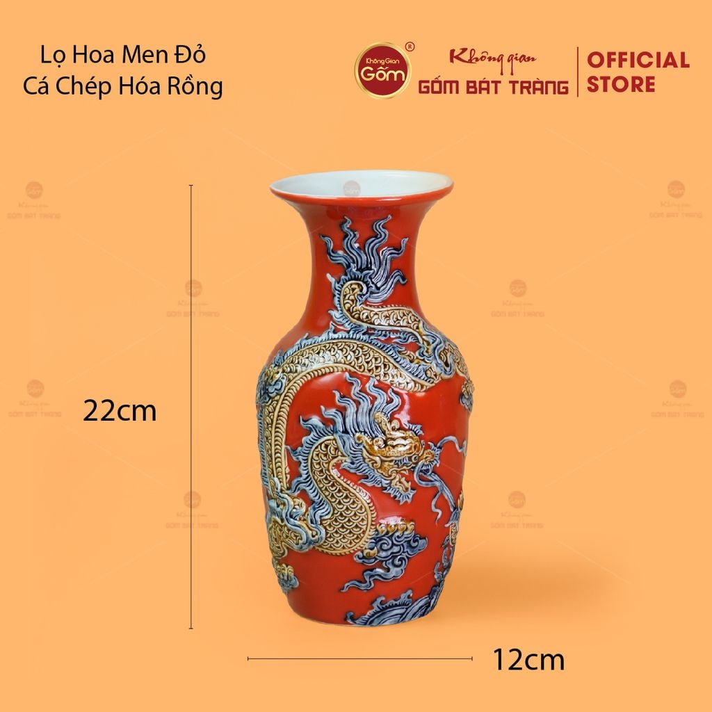 Lọ Hoa Men Đỏ Họa Tiết Cá Chép Hóa Rồng