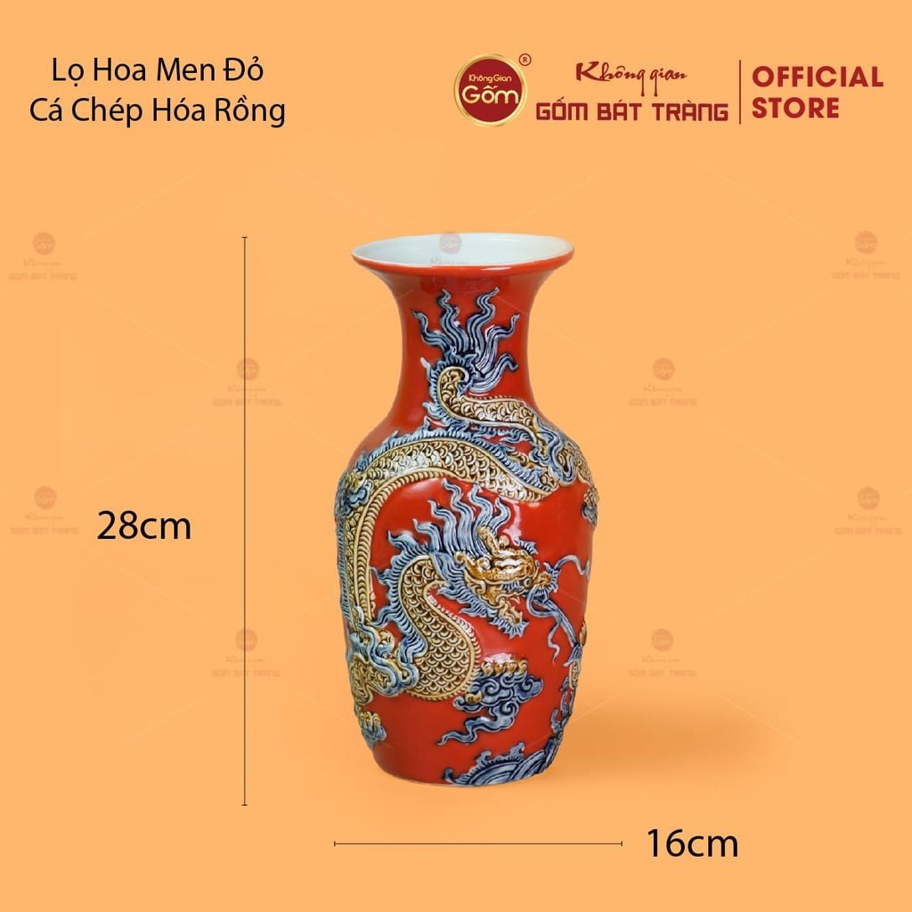 Lọ Hoa Men Đỏ Họa Tiết Cá Chép Hóa Rồng