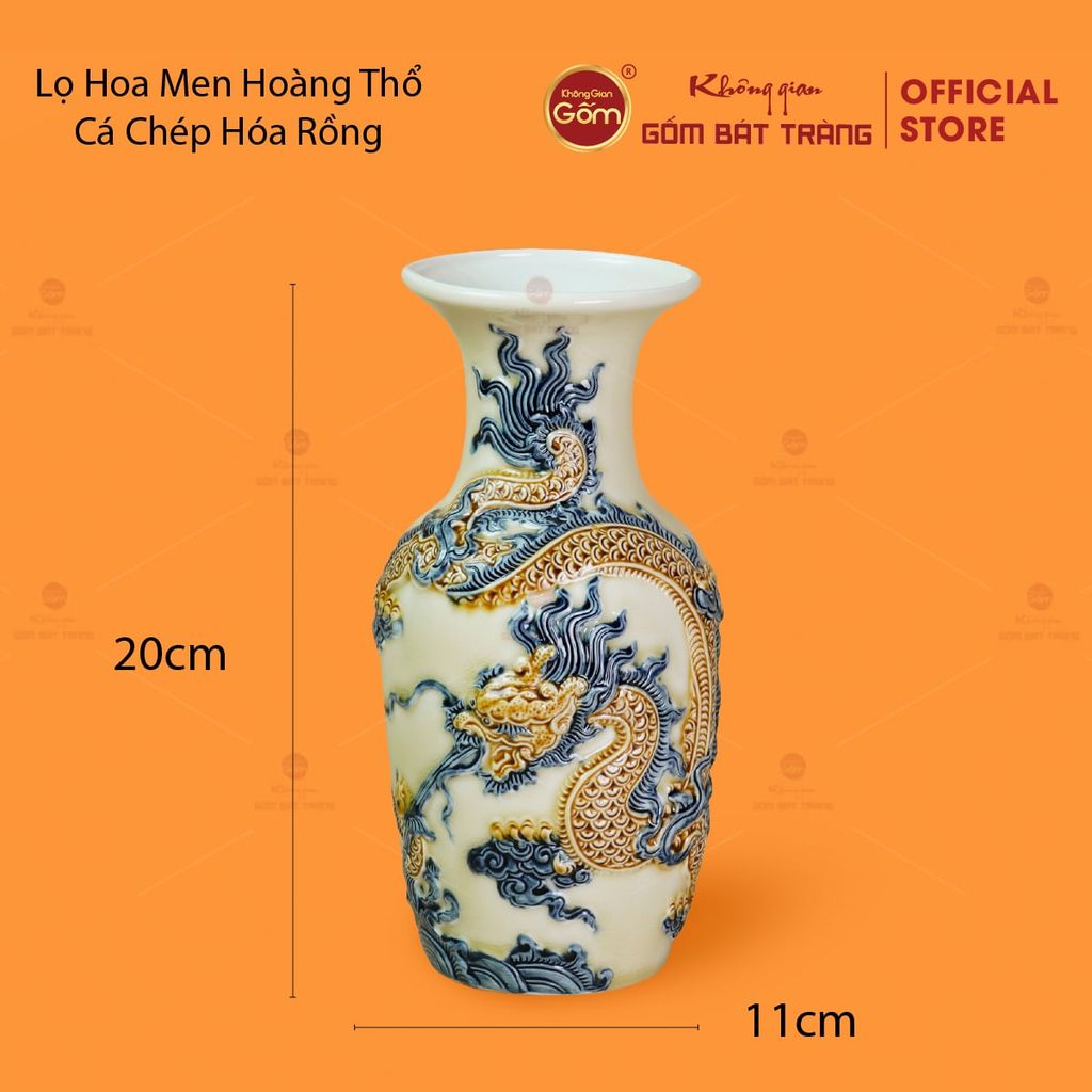 Lọ Hoa Men Hoàng Thổ Họa Tiết Cá Chép Hóa Rồng