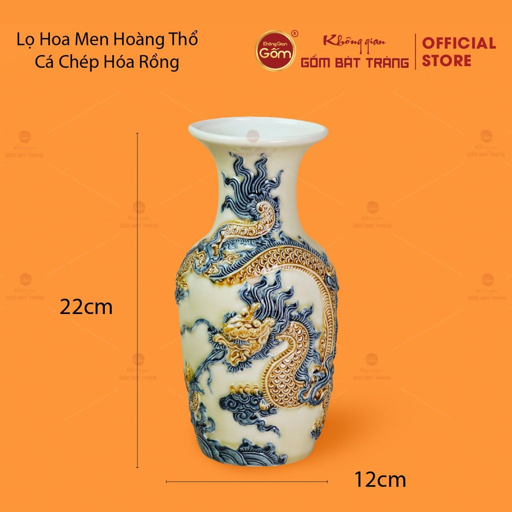 Lọ Hoa Men Hoàng Thổ Họa Tiết Cá Chép Hóa Rồng