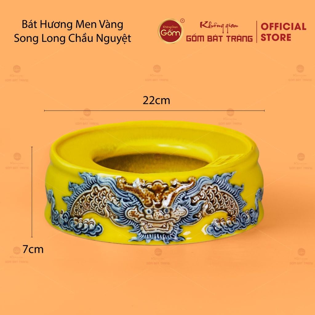 Đế Bát Hương Men Vàng Họa Tiết Song Long Chầu Nguyệt
