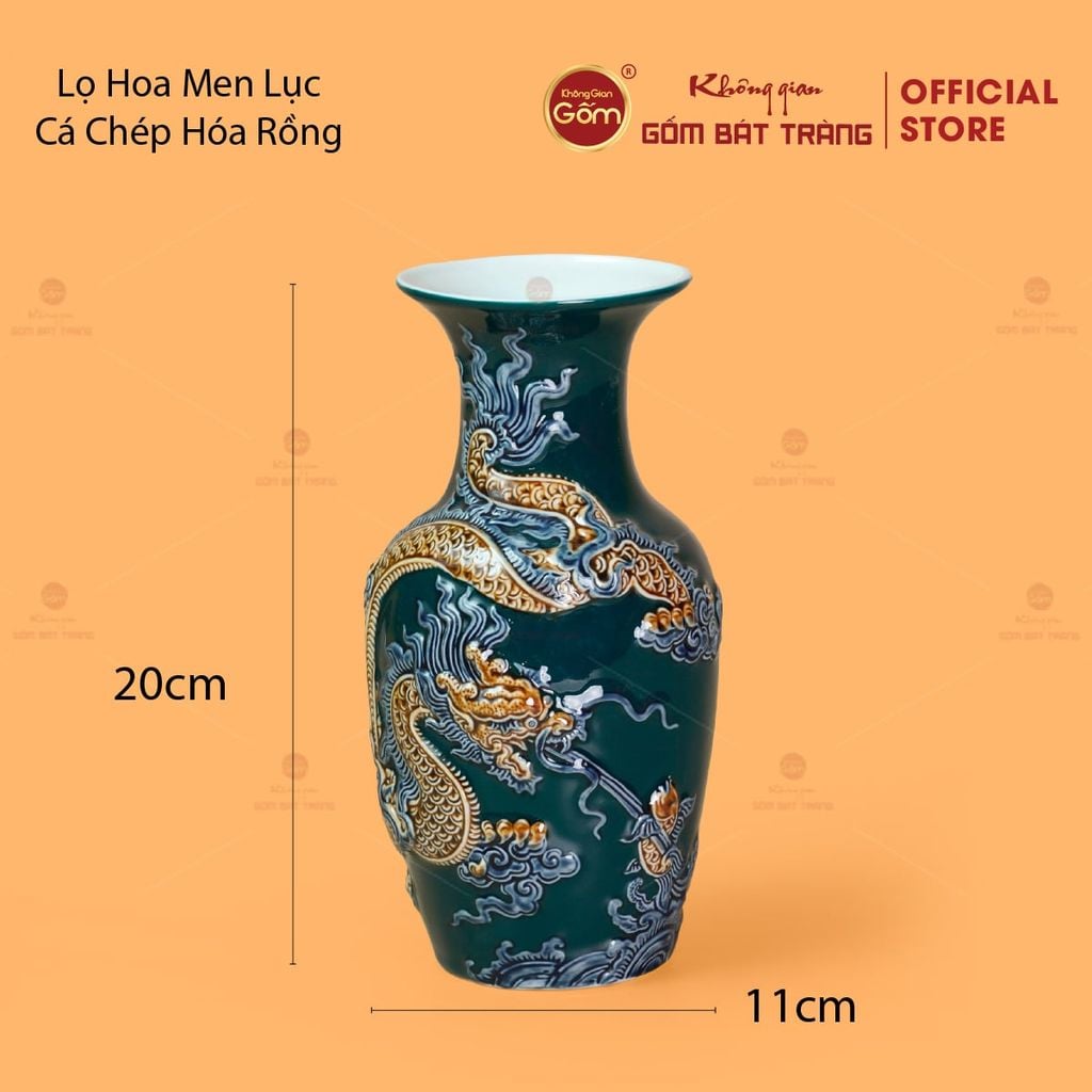 Lọ Hoa Men Lục Họa Tiết Cá Chép Hóa Rồng