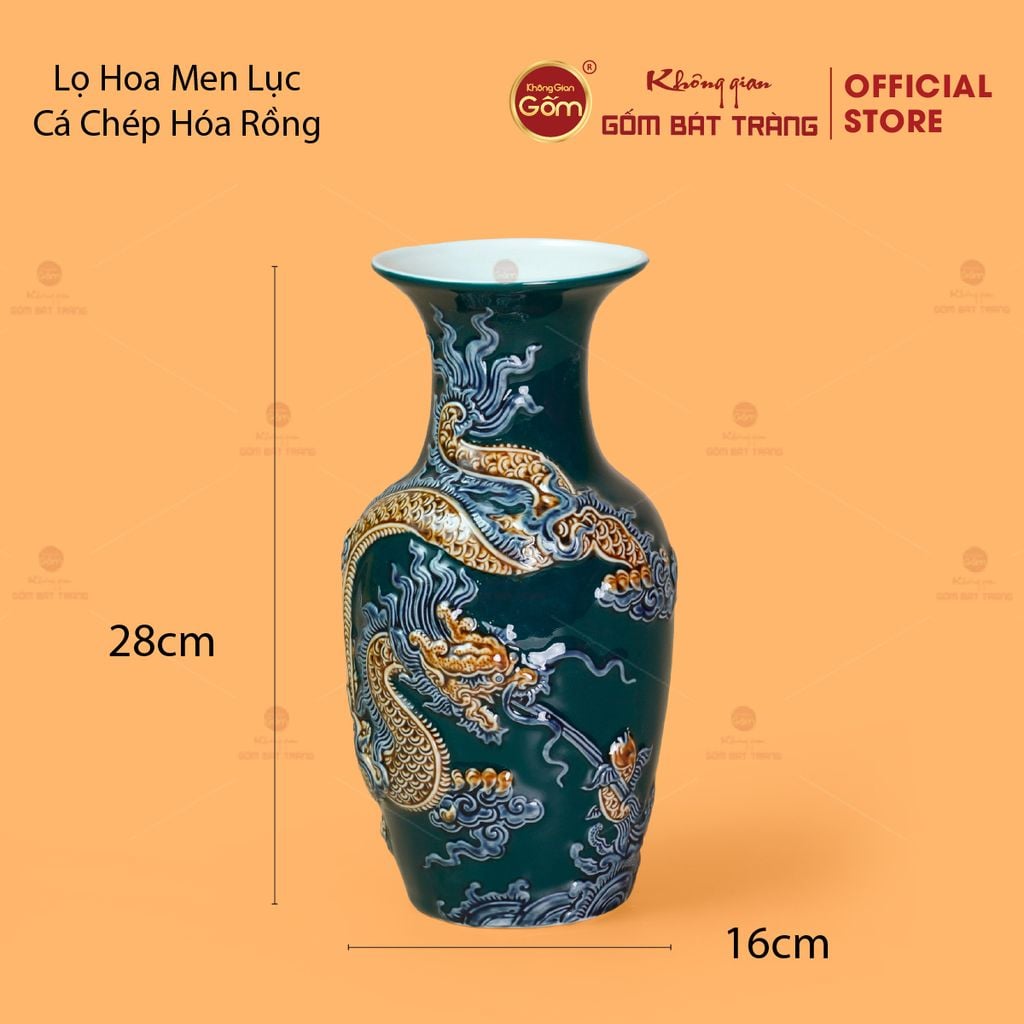 Lọ Hoa Men Lục Họa Tiết Cá Chép Hóa Rồng