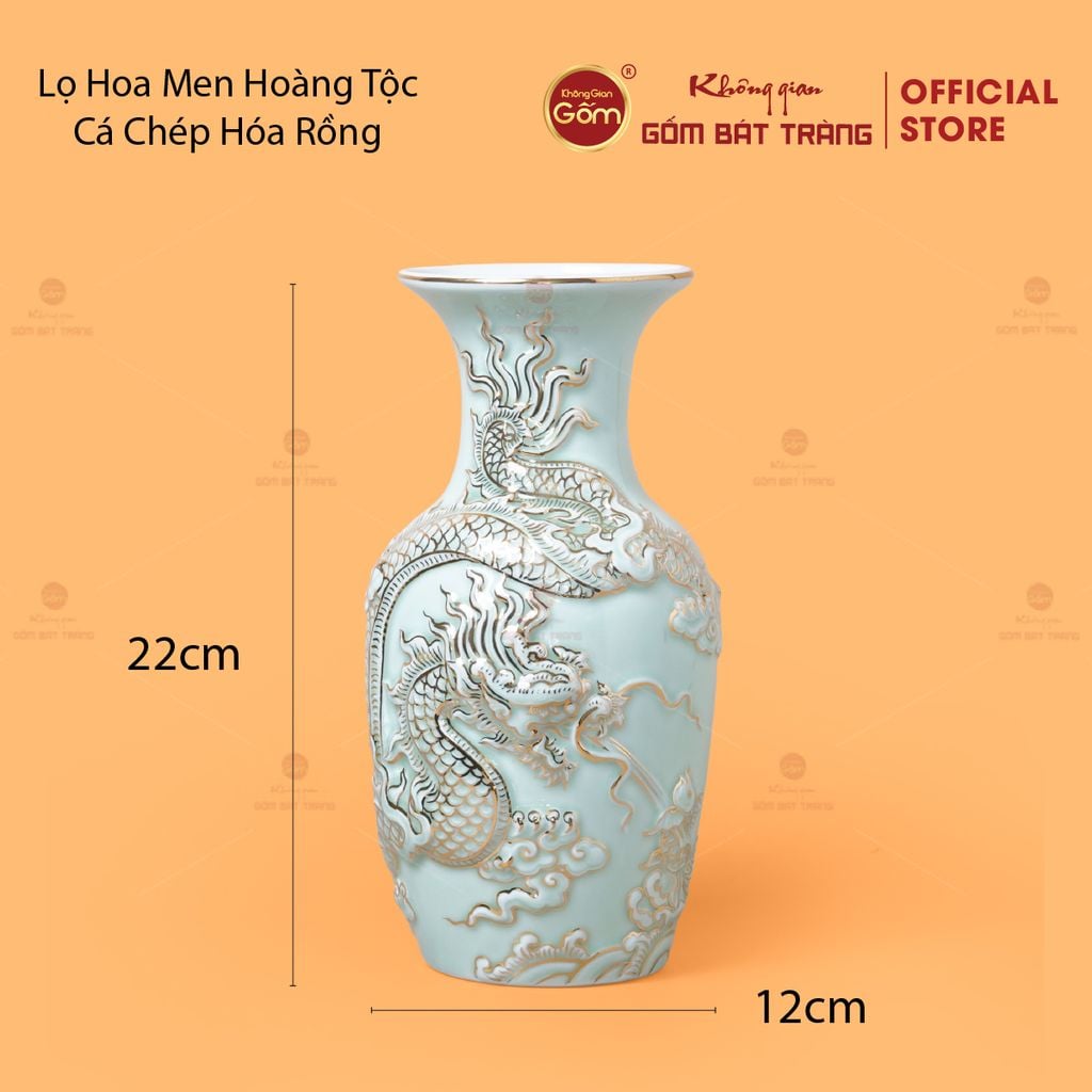 Lọ Hoa Men Ngọc Hoàng Tộc Vẽ Vàng Cá Chép Hóa Rồng