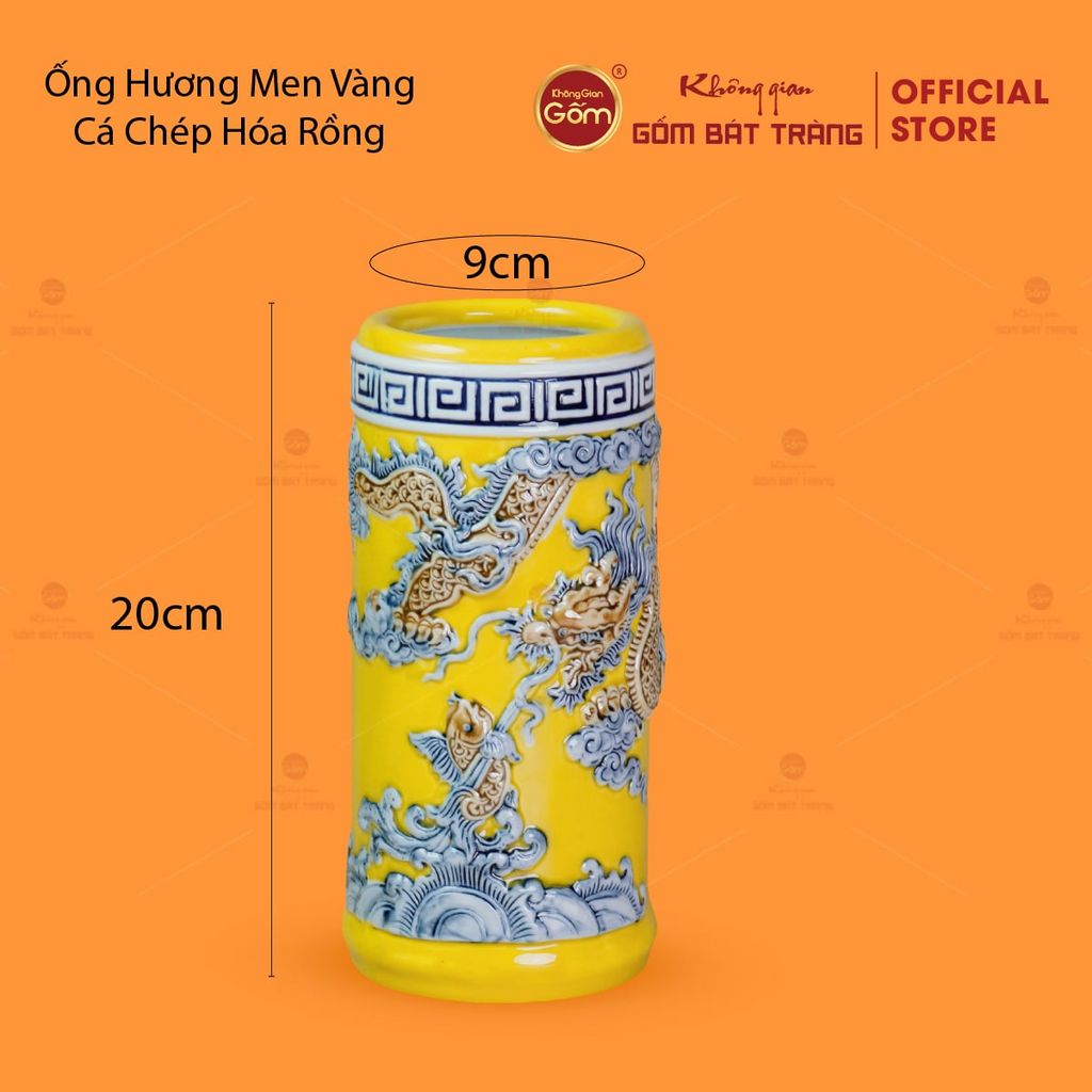 Ống Hương Men Vàng Họa Tiết Cá Chép Hóa Rồng