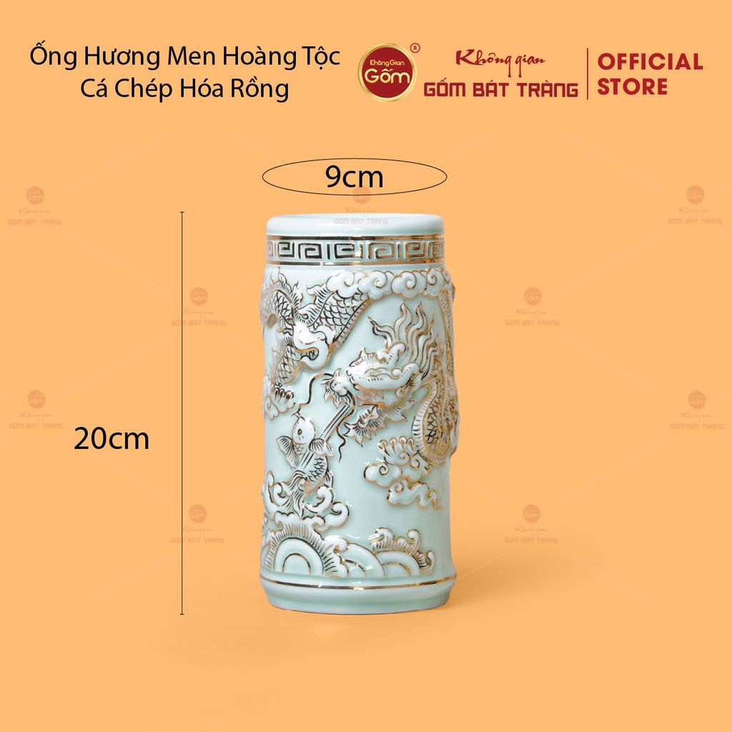 Ống Hương Men Ngọc Hoàng Tộc Vẽ Vàng Cá Chép Hóa Rồng