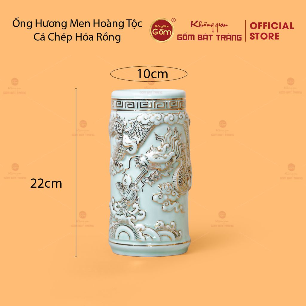 Ống Hương Men Ngọc Hoàng Tộc Vẽ Vàng Cá Chép Hóa Rồng