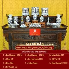 [Set Cơ Bản] Bộ Đồ Thờ Gia Tiên Men Lam Nổi Vẽ Vàng (15 món)