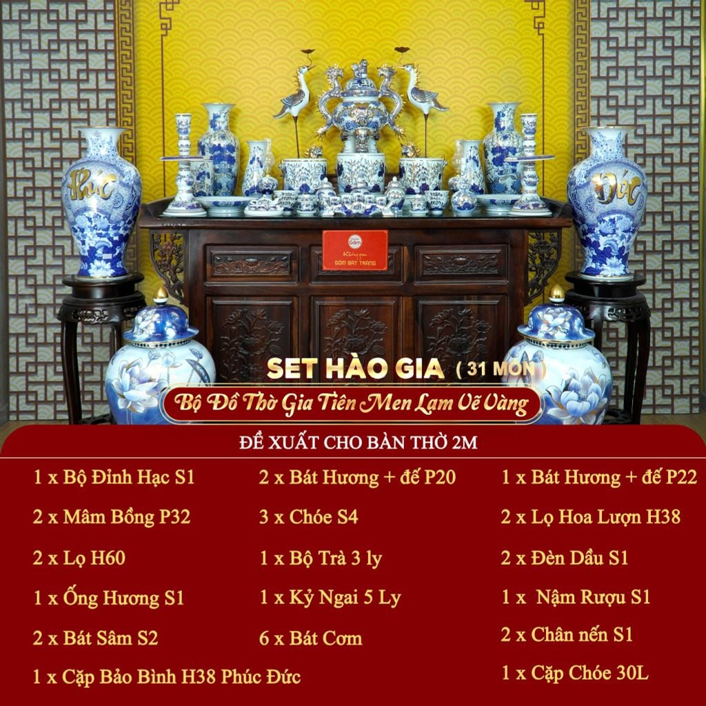 [Set Hào Gia] Bộ Đồ Thờ Gia Tiên Men Lam Vẽ Vàng (31 món)