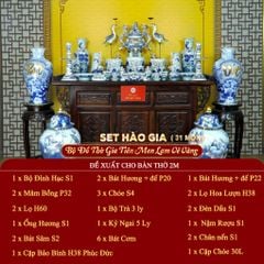 [Set Hào Gia] Bộ Đồ Thờ Gia Tiên Men Lam Vẽ Vàng (31 món)