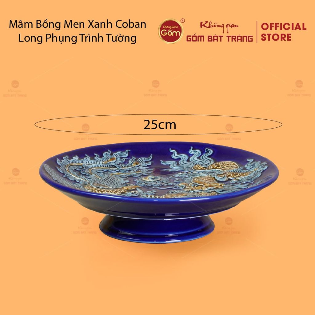 Mâm Bồng Men Xanh Coban Họa Tiết Long Phụng Trình Tường