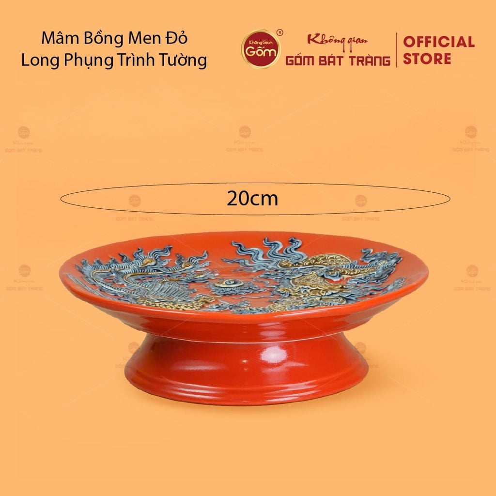 Mâm Bồng Men Đỏ Họa Tiết Long Phụng Trình Tường