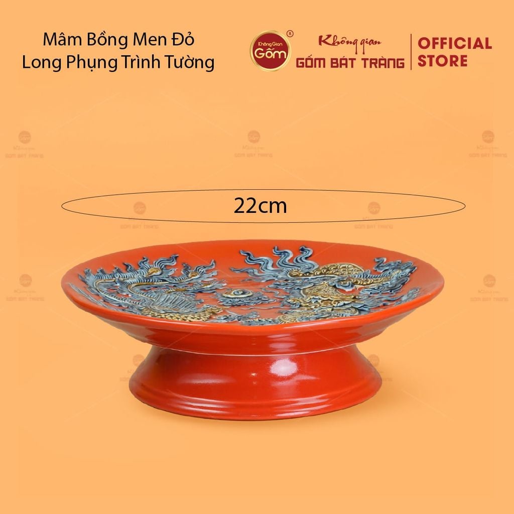 Mâm Bồng Men Đỏ Họa Tiết Long Phụng Trình Tường