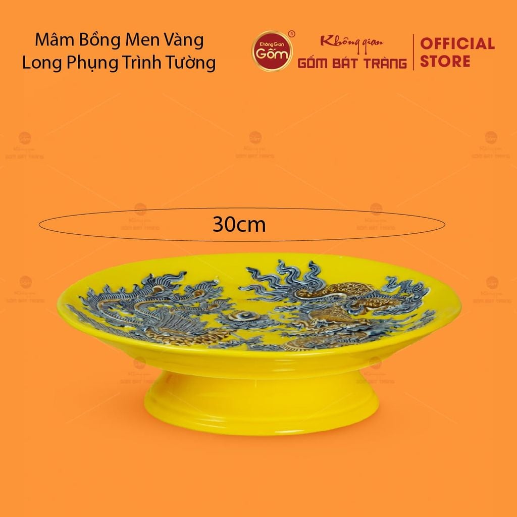 Mâm Bồng Men Vàng Họa Tiết Long Phụng Trình Tường