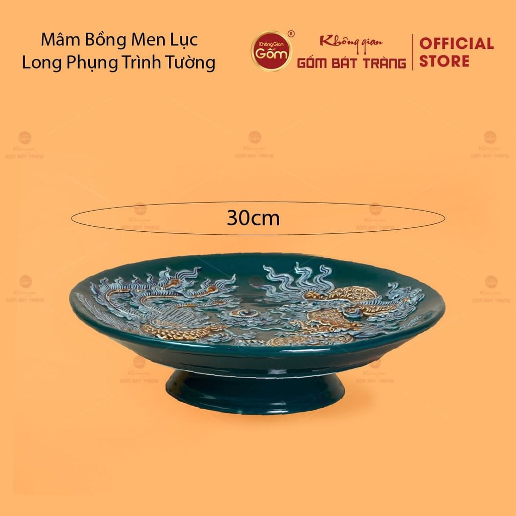 Mâm Bồng Men Lục Họa Tiết Long Phụng Trình Tường