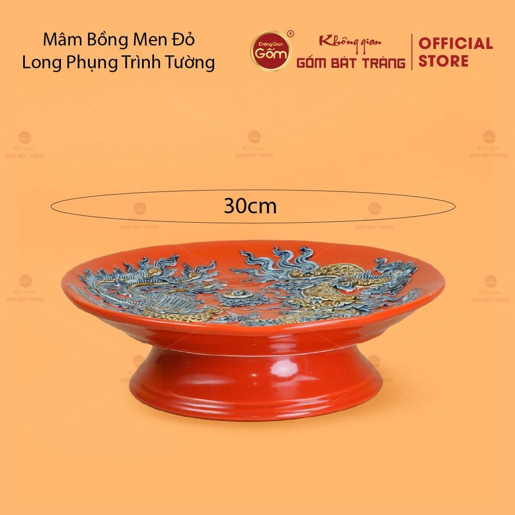 Mâm Bồng Men Đỏ Họa Tiết Long Phụng Trình Tường
