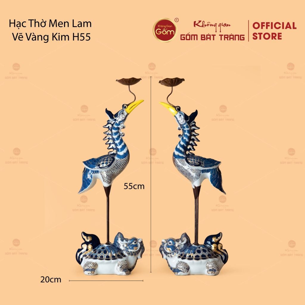 Hạc Thờ Men Lam Vẽ Vàng Kim (Chiếc)