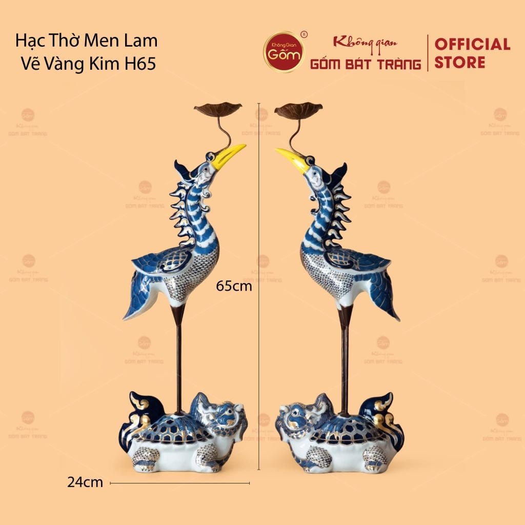 Hạc Thờ Men Lam Vẽ Vàng Kim (Chiếc)