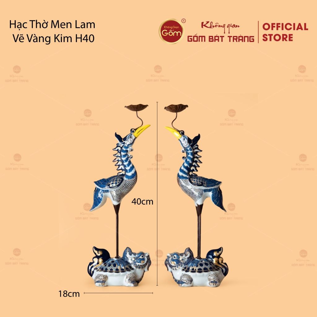 Hạc Thờ Men Lam Vẽ Vàng Kim (Chiếc)