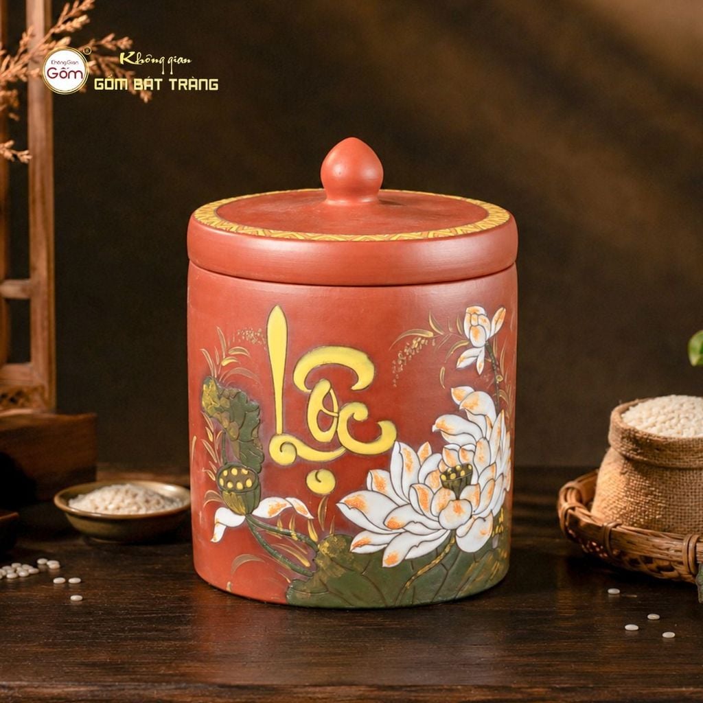 Hũ Gốm Sen Lộc Trụ Tròn