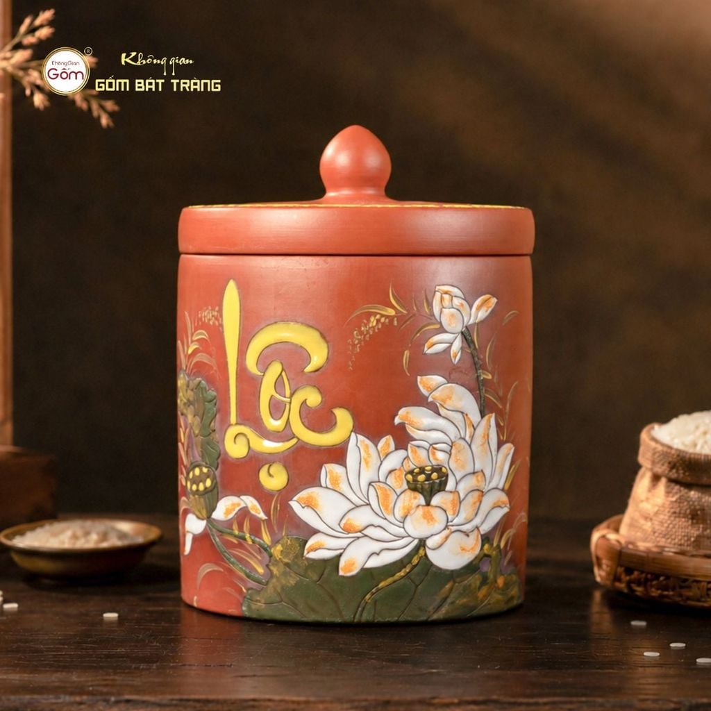 Hũ Gốm Sen Lộc Trụ Tròn