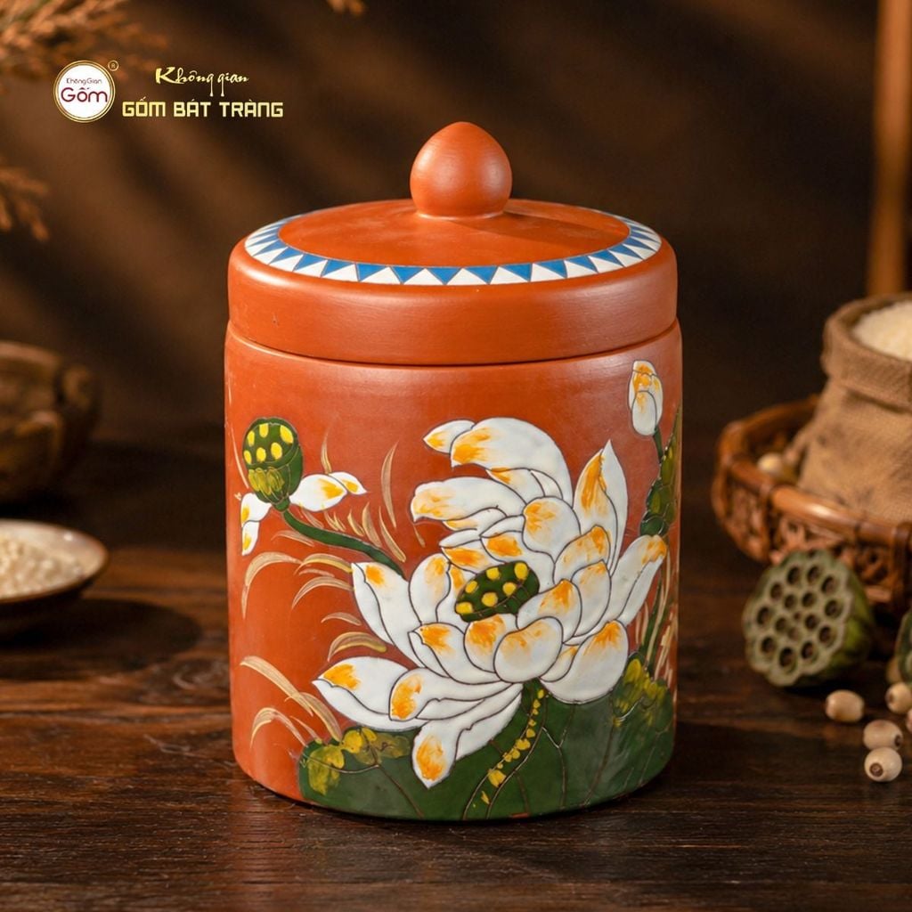 Hũ Gốm Sen Lộc Trụ Tròn