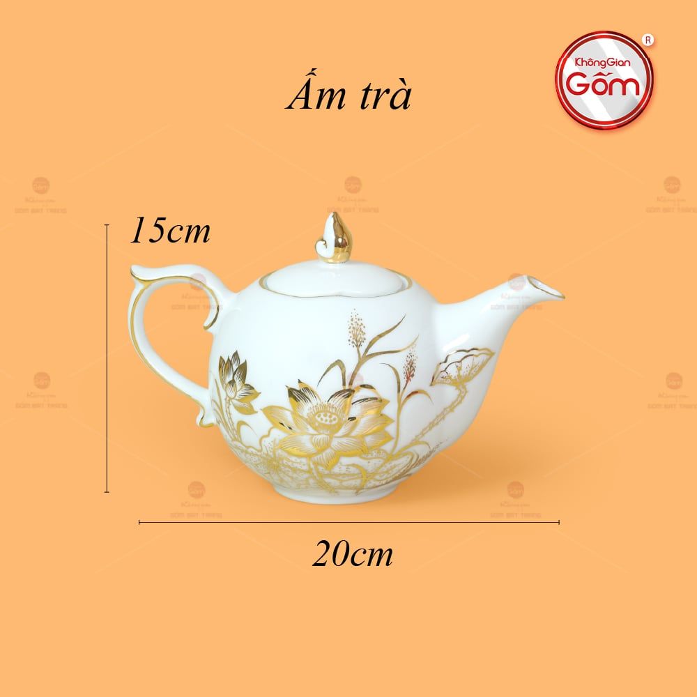 Bộ Trà Men Trắng Mẫu Đơn Hoa Sen Vẽ Vàng