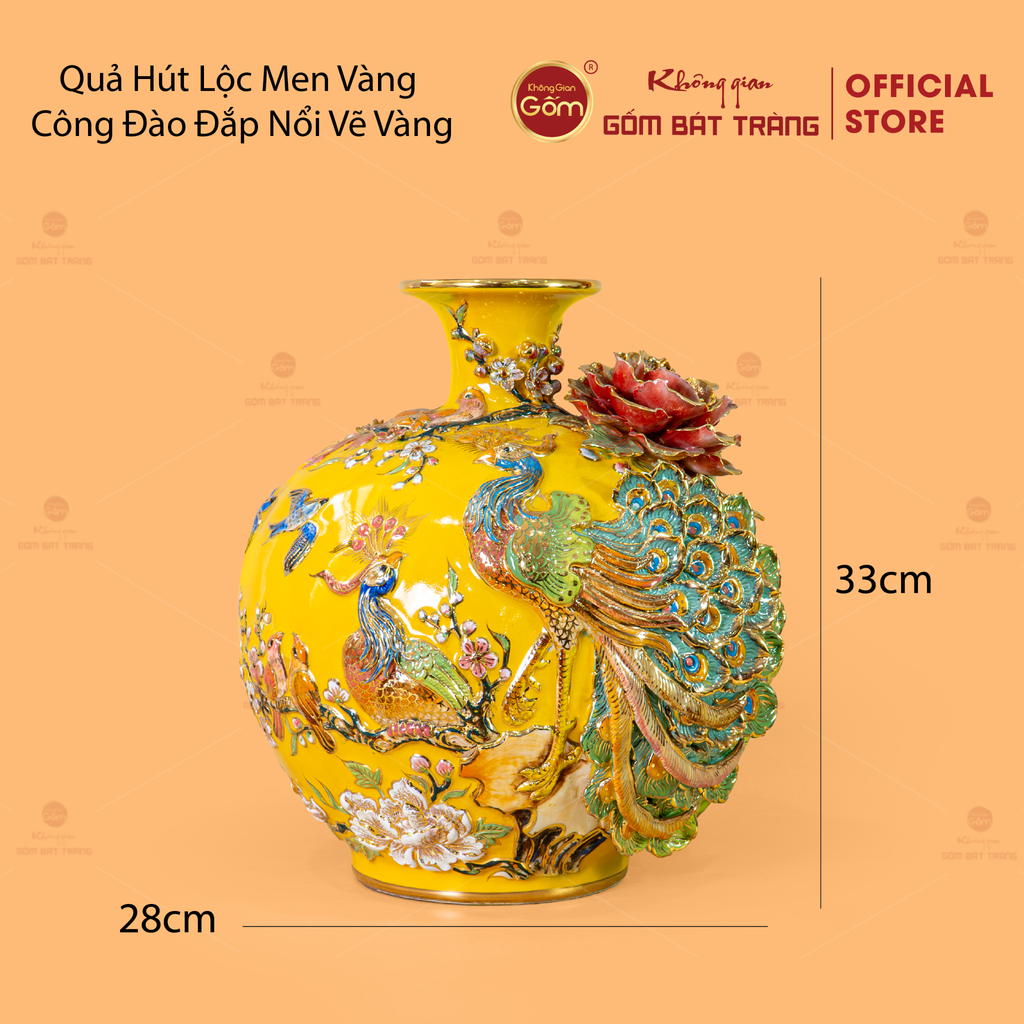 Quả Hút Lộc Men Vàng Công Đào Đắp Nổi Vẽ Vàng