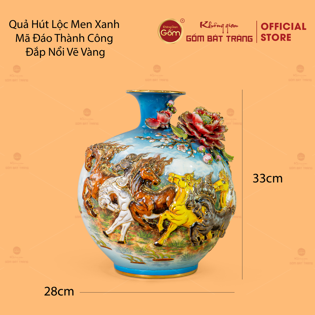 Quả Hút Lộc Men Xanh Mã Đáo Thành Công Đắp Nổi Vẽ Vàng