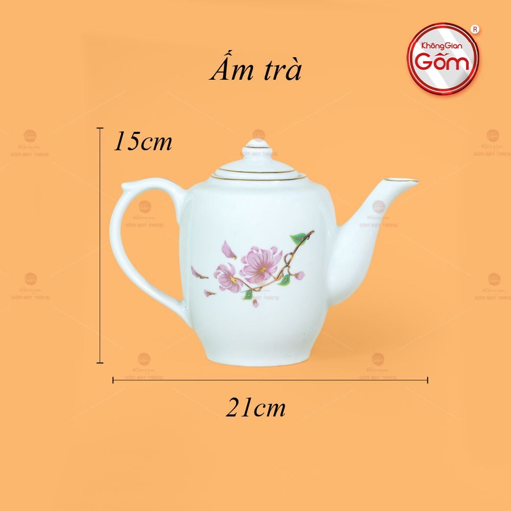 Bộ Trà Dáng Trống Hoa Đào Vẽ Vàng