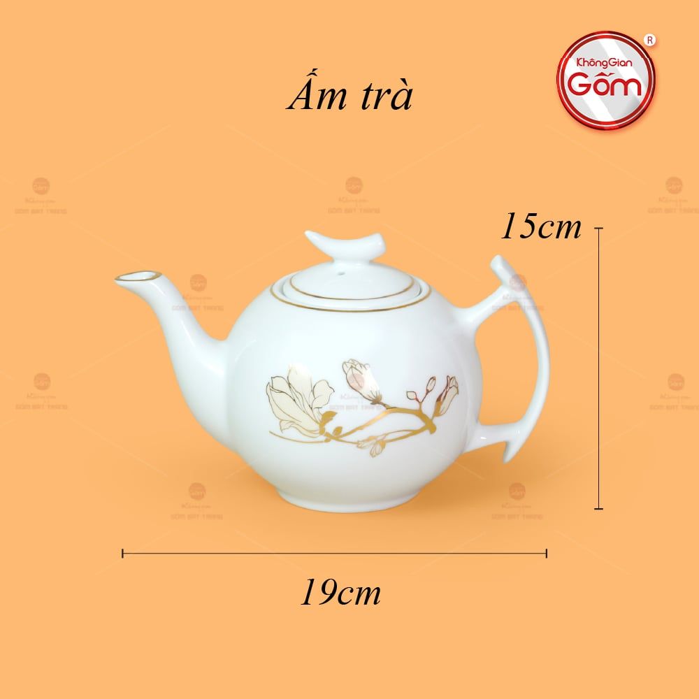 Bộ Trà Men Trắng Bưởi Cành Hoa Mộc Lan Vẽ Vàng