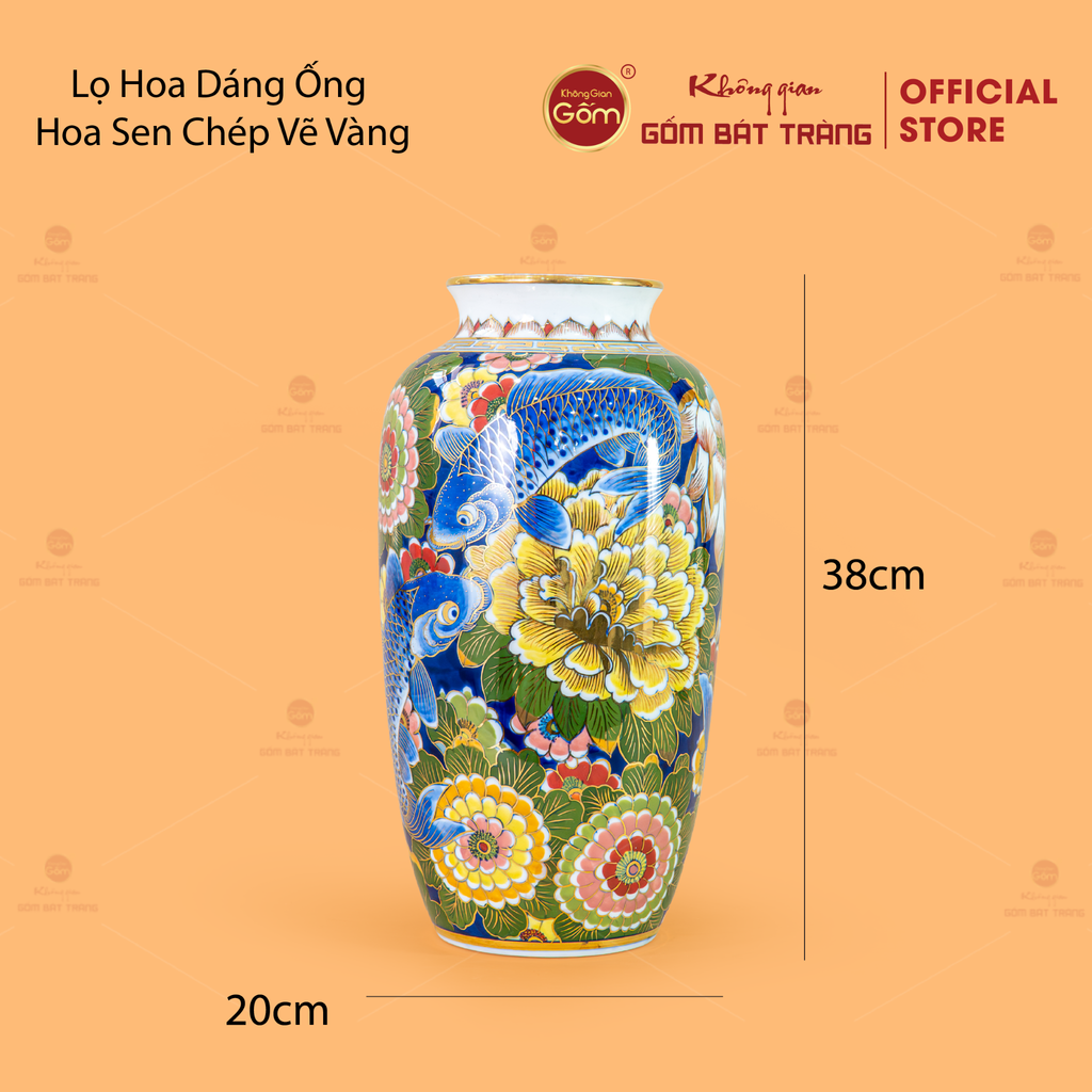 Lọ Hoa Dáng Ống Hoa Sen Chép Vẽ Vàng