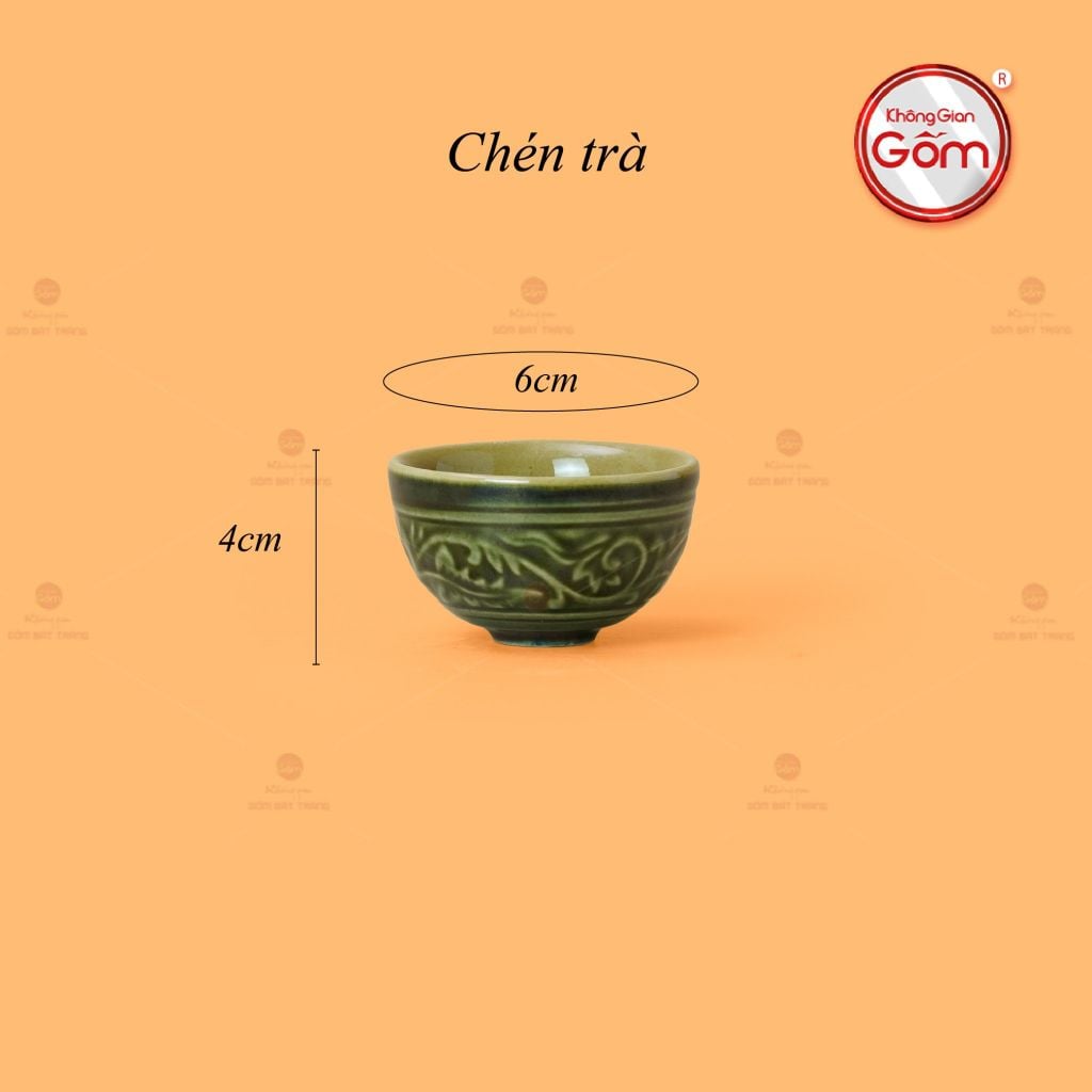 Bộ Ấm Chén Khắc Nổi Hoa Sen Nền Xanh Ngọc