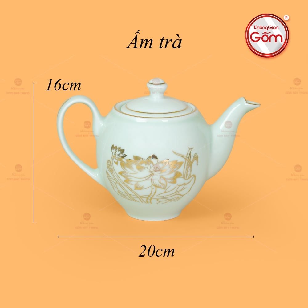 Bộ Trà Men Trắng Dáng Minh Long Hoa Sen Vẽ Vàng