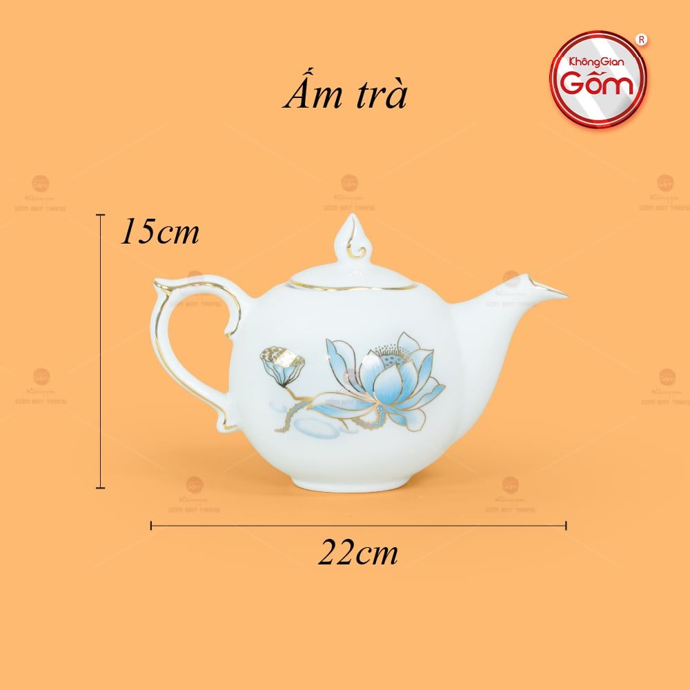 Bộ Trà Mẫu Đơn Ly Lượn Hoa Sen Xanh Vẽ Vàng