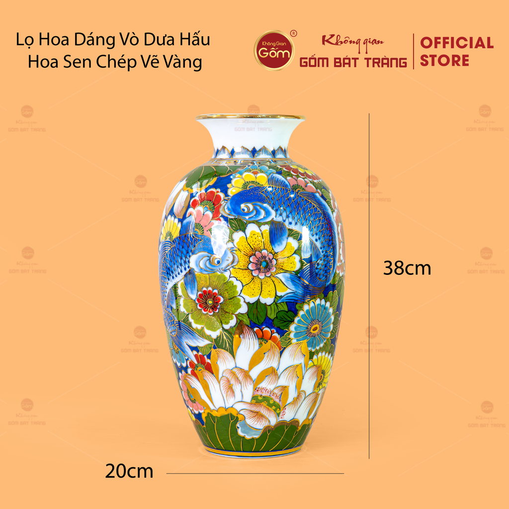 Lọ Hoa Dáng Vò Dưa Hấu Hoa Sen Chép Vẽ Vàng