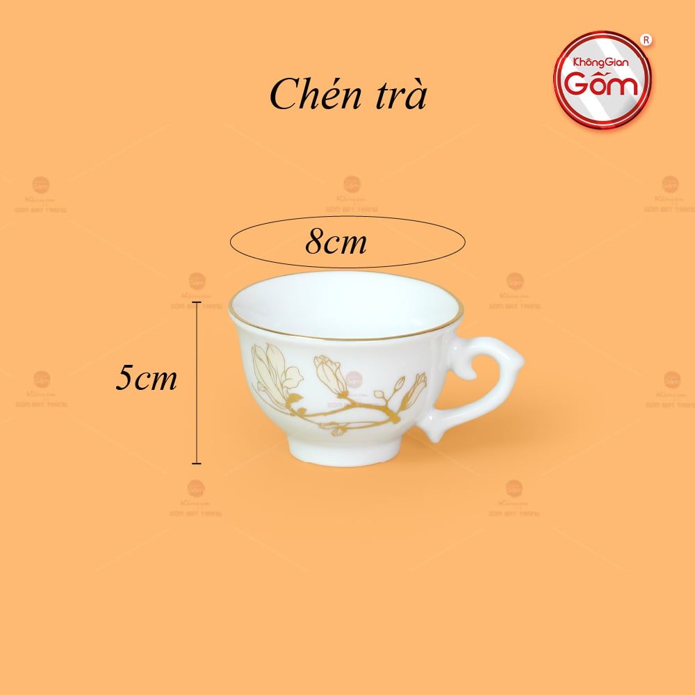 Bộ Trà Men Trắng Đài Các Hoa Mộc Lan Vẽ Vàng