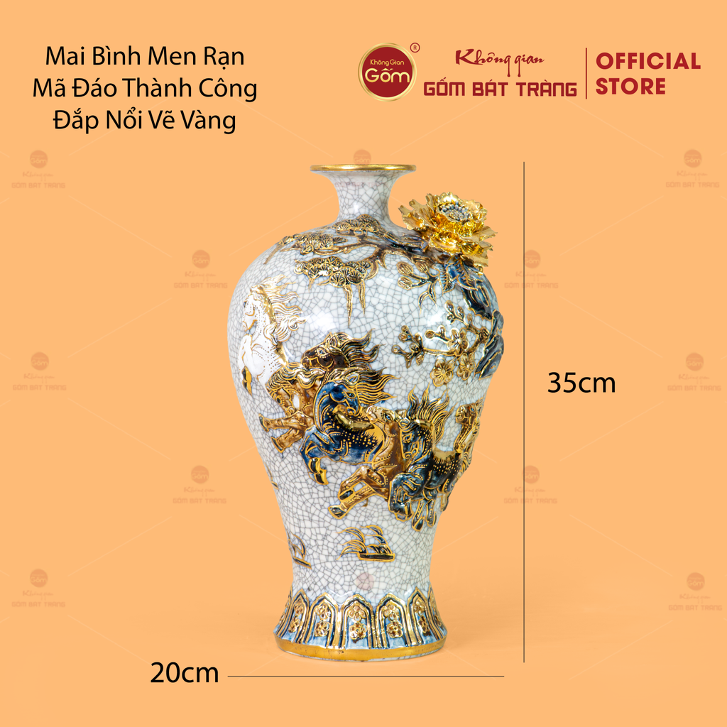 Mai Bình Men Rạn Mã Đáo Thành Công Đắp Nổi Vẽ Vàng