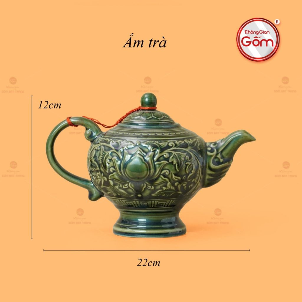 Bộ Ấm Chén Khắc Nổi Hoa Sen Nền Xanh Ngọc